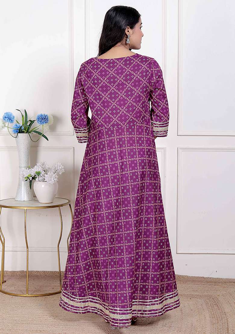 Magenta Gota Work Cotton Blend Anarkali With Dupatta - Indya