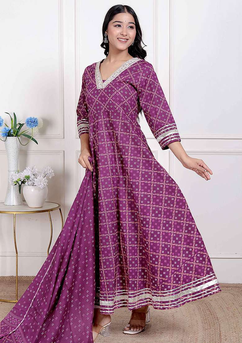 Magenta Gota Work Cotton Blend Anarkali With Dupatta - Indya