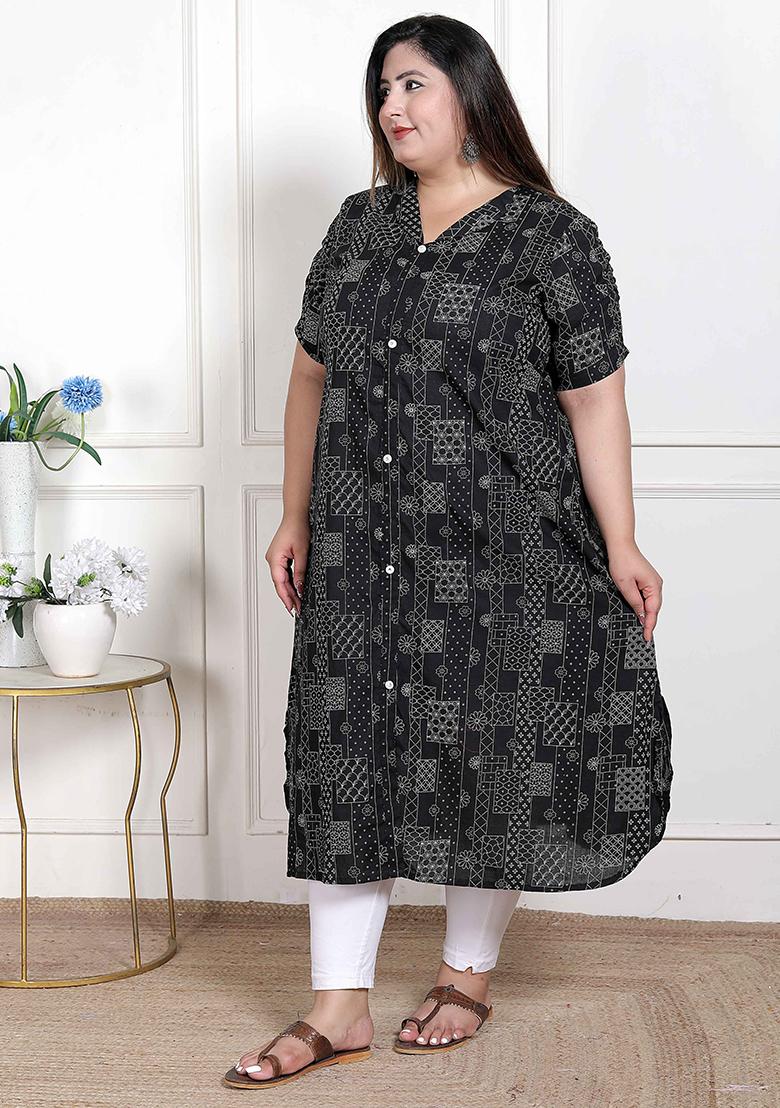 Black Printed Cotton Blend Kurta - Indya
