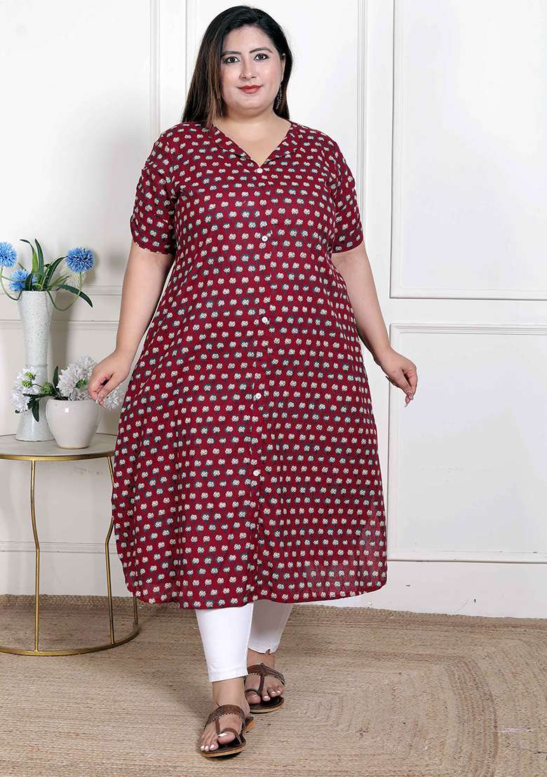 Red Printed Blended Kurta - Indya
