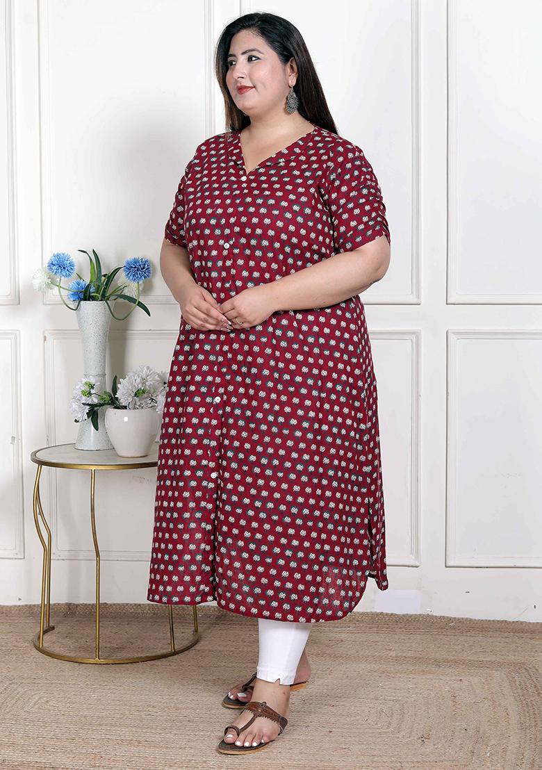 Red Printed Cotton Blend Kurta - Indya