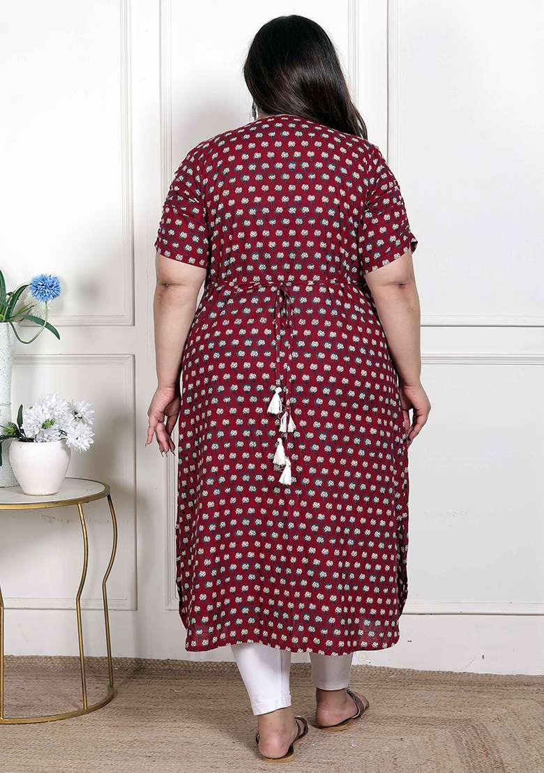 Red Printed Blended Kurta - Indya