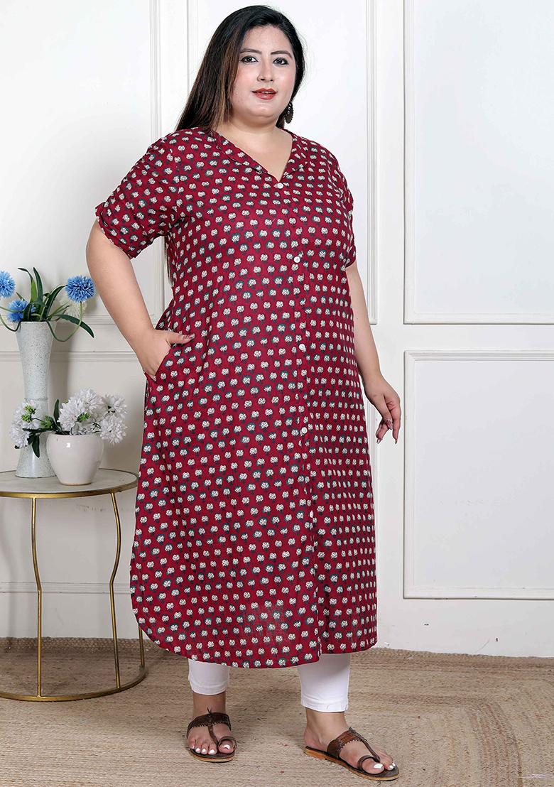Red Printed Cotton Blend Kurta - Indya