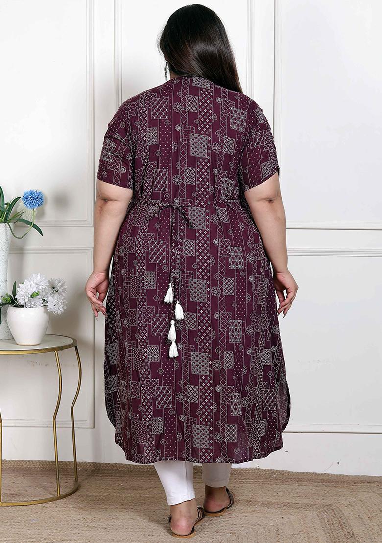 Wine Printed Cotton Blend Kurta