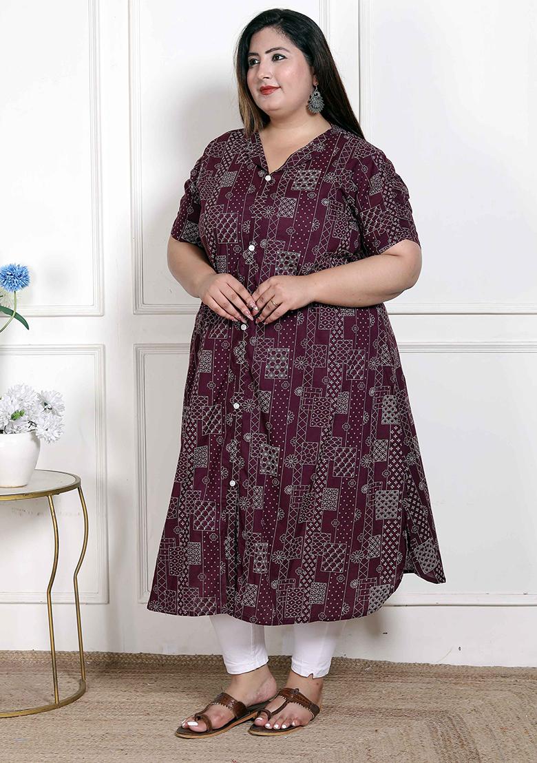Wine Printed Cotton Blend Kurta - Indya