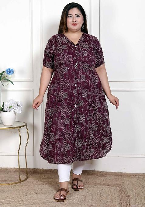 Wine Printed Cotton Blend Kurta