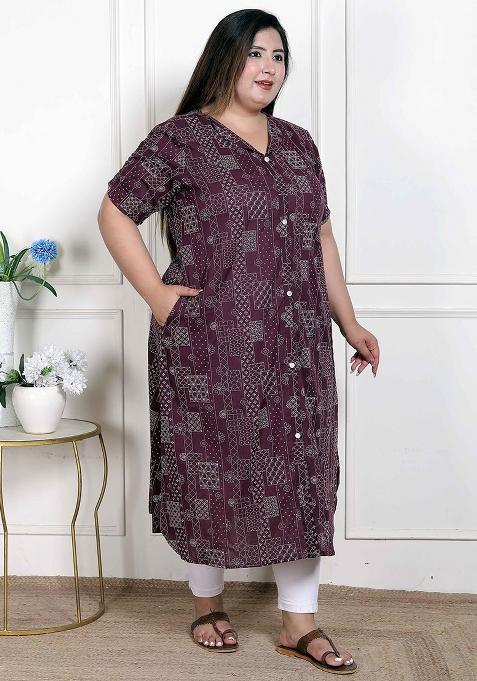 Wine Printed Cotton Blend Kurta