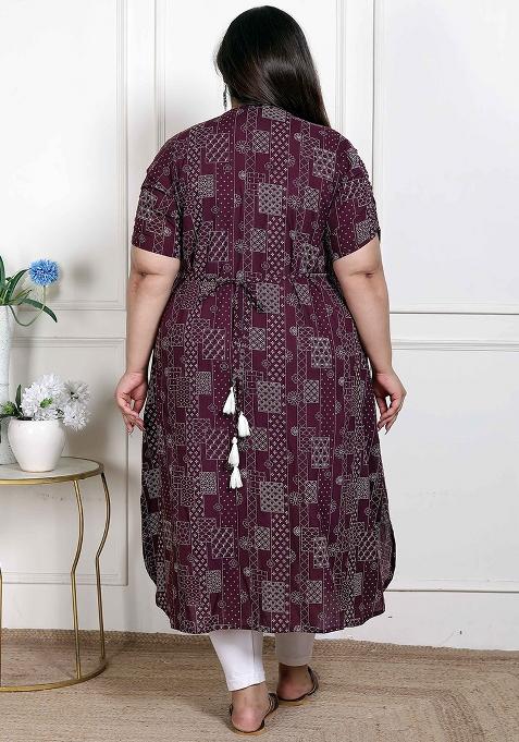 Wine Printed Cotton Blend Kurta