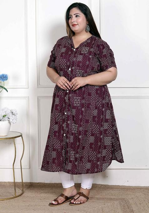 Wine Printed Cotton Blend Kurta