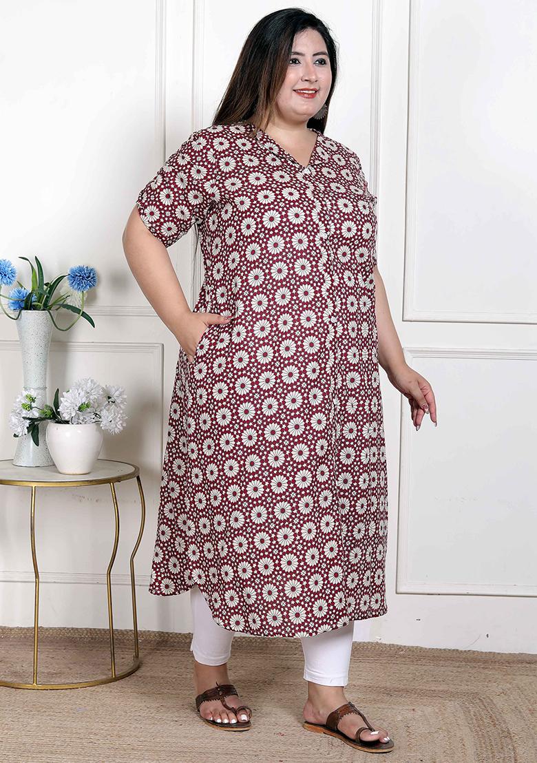 Cream Printed Cotton Blend Kurta - Indya