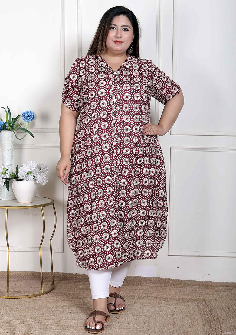 Cream Printed Cotton Blend Kurta - Indya