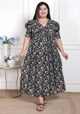 Black Embroidery Work Cotton Blend Dress