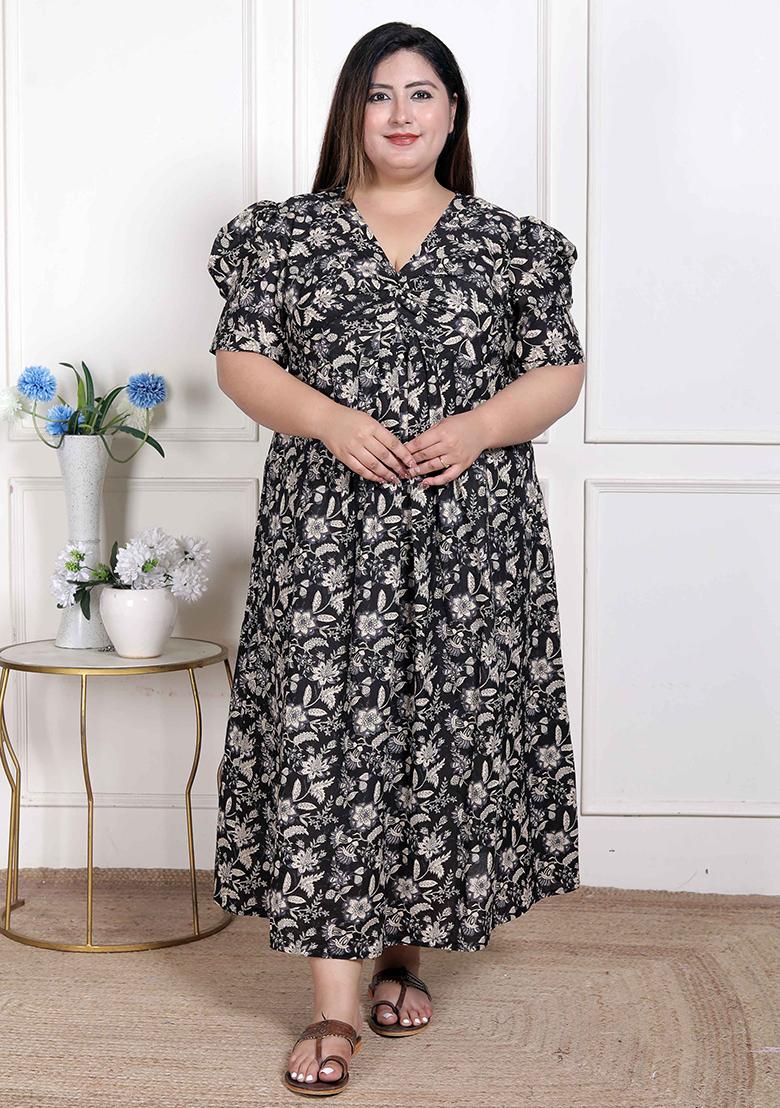 Black Embroidery Work Cotton Blend Dress - Indya