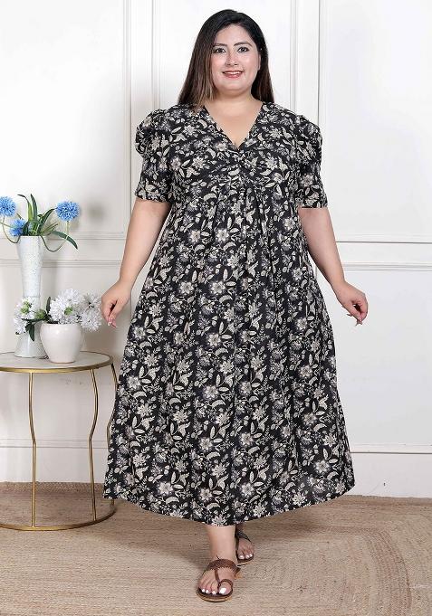 Black Embroidery Work Cotton Blend Dress