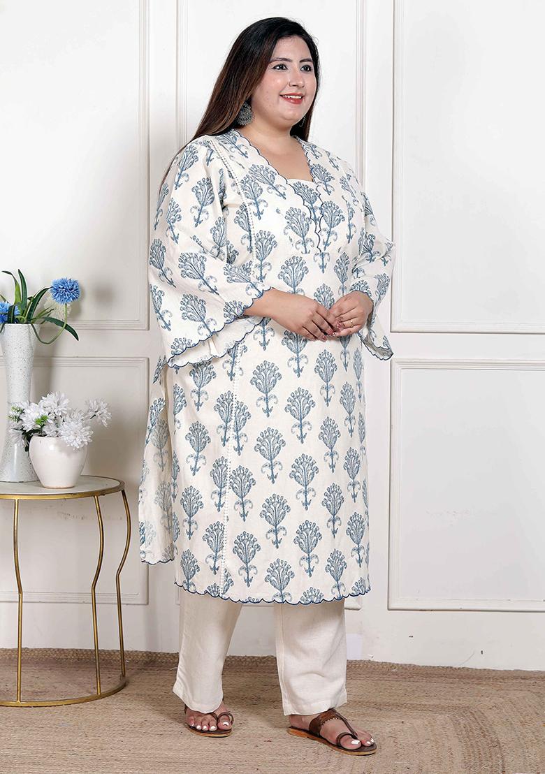 Off White Printed Cotton Blend Kurta Set - Indya