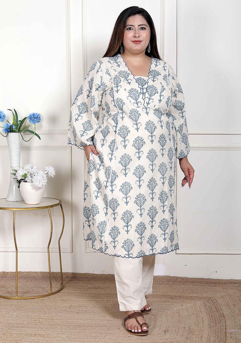 Off White Printed Cotton Blend Kurta Set - Indya