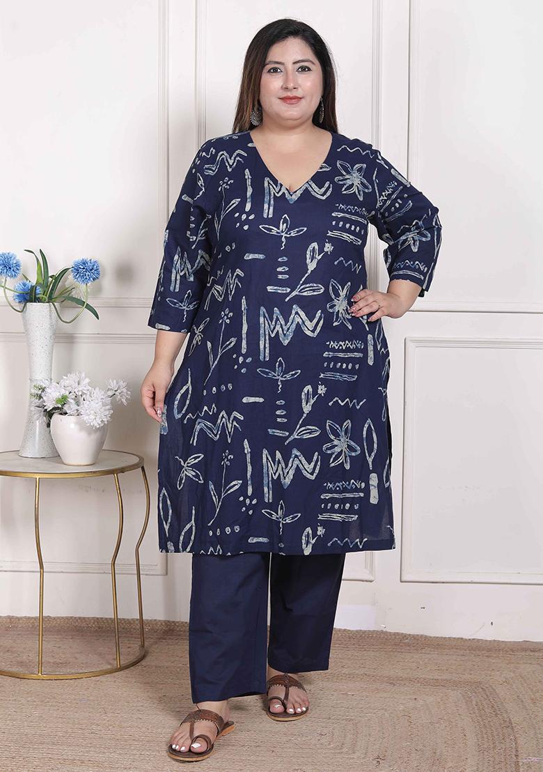 Blue Printed Cotton Blend Kurta Set