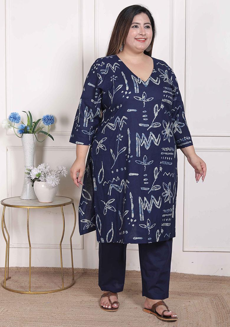 Blue Printed Cotton Blend Kurta Set - Indya