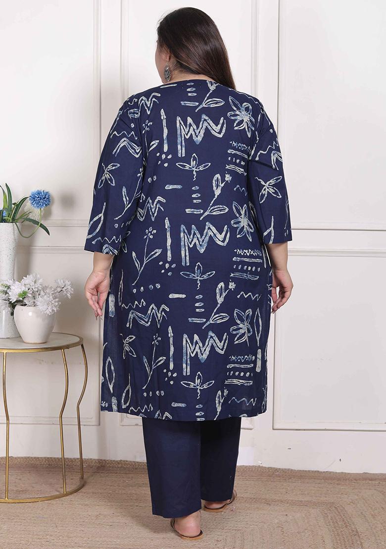 Blue Printed Cotton Blend Kurta Set