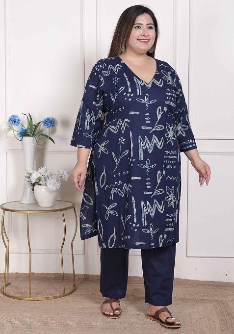 Blue Printed Cotton Blend Kurta Set