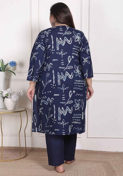 Blue Printed Cotton Blend Kurta Set
