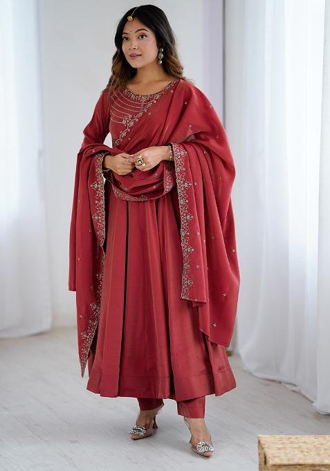Maroon Beads Work Chanderi Kurta Set