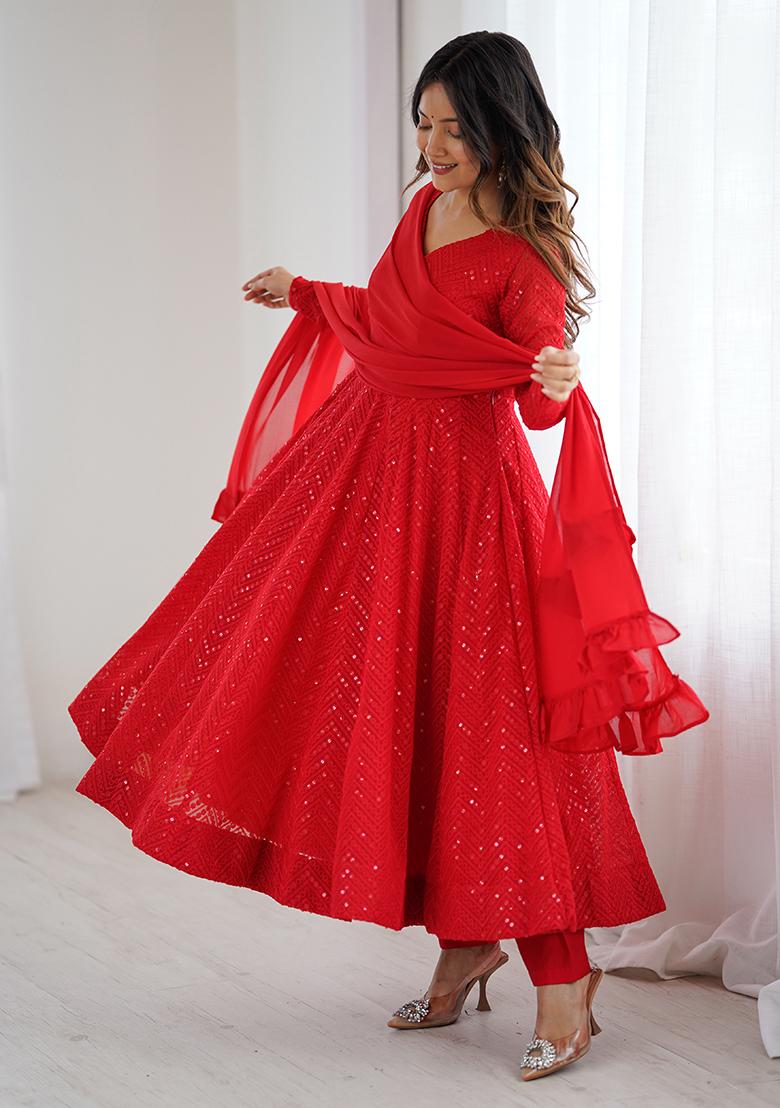 Red Lukhnowi Sequence Work georgette Kurta Set - Indya