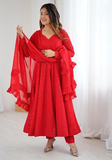 Red Lukhnowi Sequence Work georgette Kurta Set