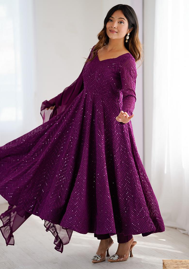 Wine Lukhnowi Sequence Work georgette Kurta Set - Indya