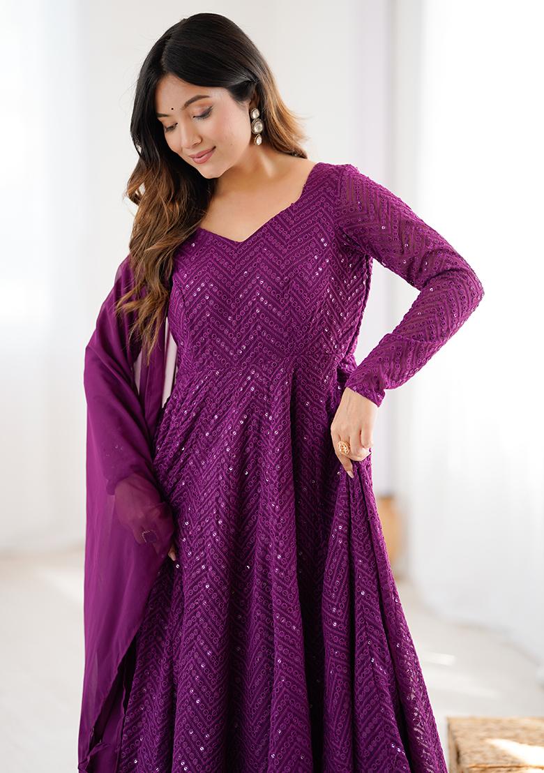 Wine Lukhnowi Sequence Work georgette Kurta Set - Indya