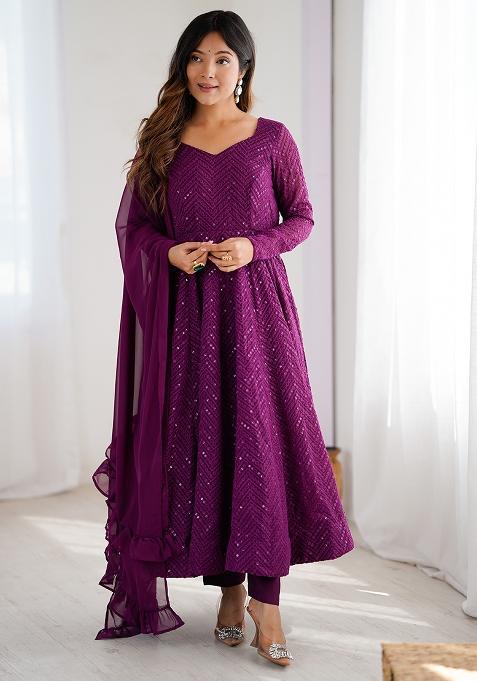 Wine Lukhnowi Sequence Work georgette Kurta Set