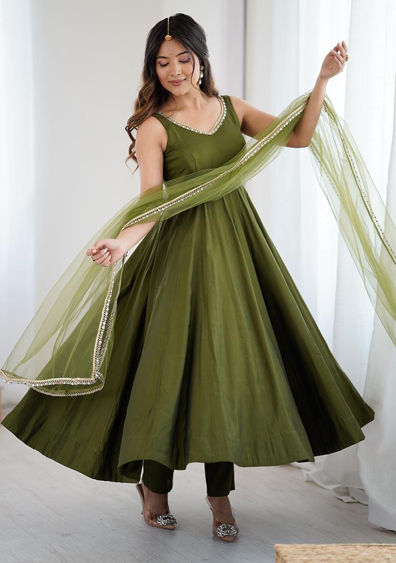 Mehendi Plain Chanderi Kurta Set - Indya