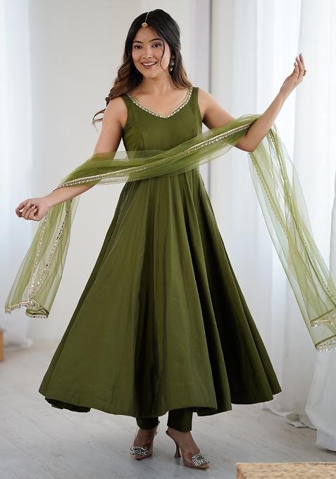 Mehendi Plain Chanderi Kurta Set