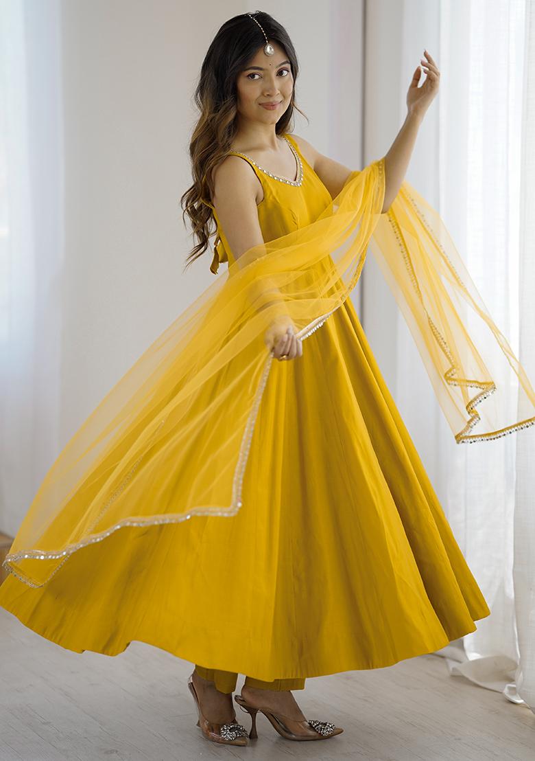 Yellow Plain Chanderi Kurta Set - Indya