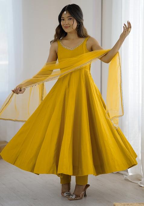 Yellow Plain Chanderi Kurta Set