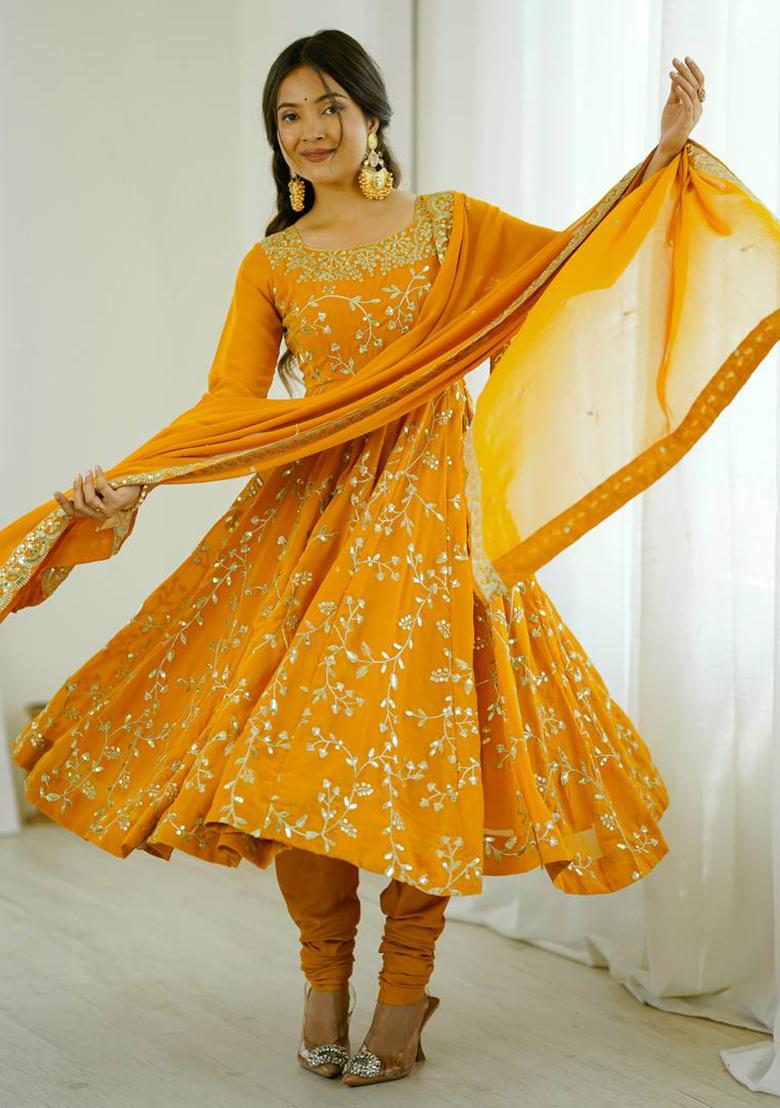 Yellow Embroidered georgette Kurta Set - Indya