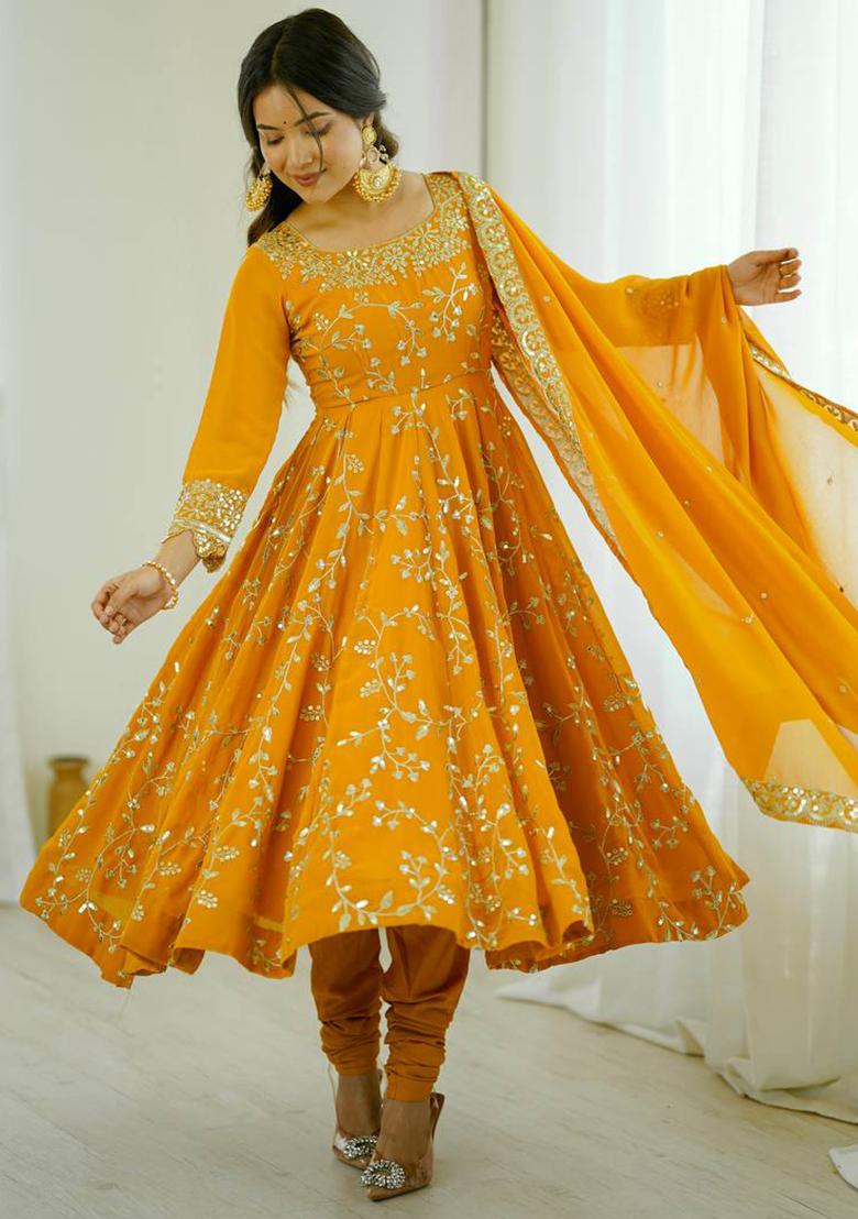 Yellow Embroidered georgette Kurta Set - Indya