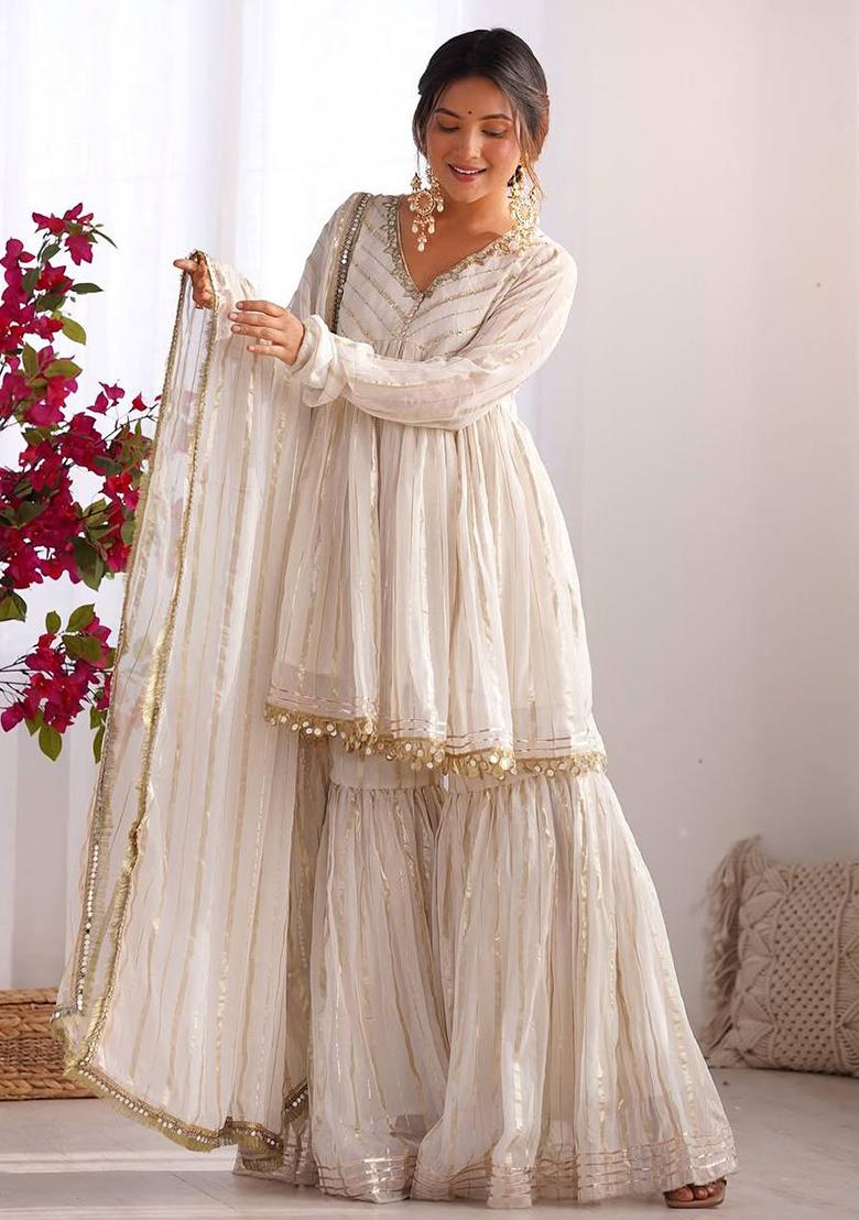 Offwhite Mirror Work Chanderi Kurta Set