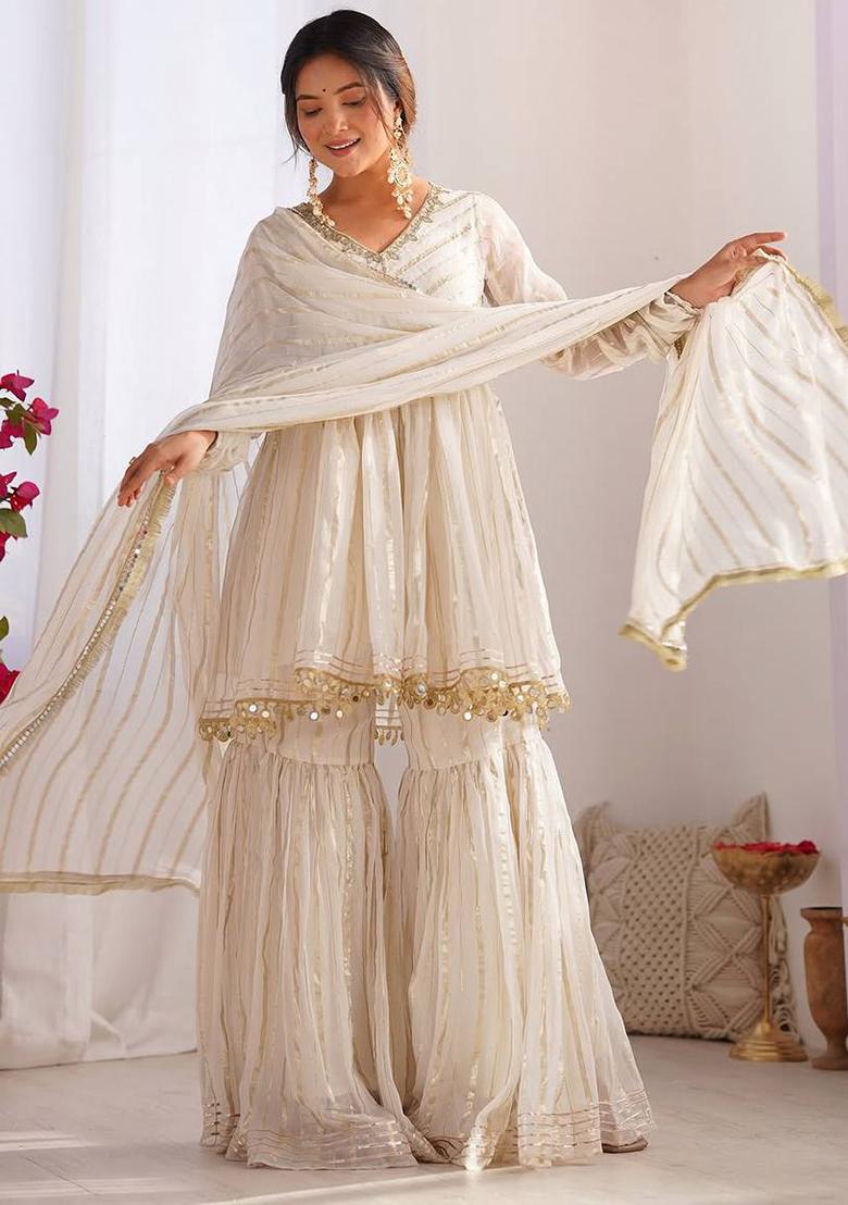 Offwhite Mirror Work Chanderi Kurta Set - Indya