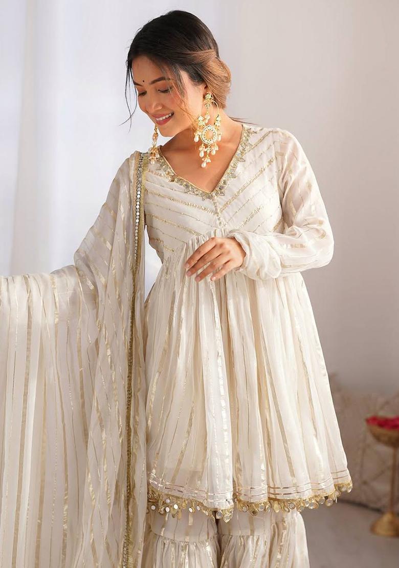 Offwhite Mirror Work Chanderi Kurta Set - Indya