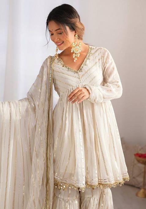 Offwhite Mirror Work Chanderi Kurta Set