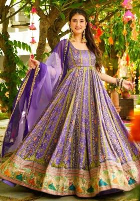 Lavender Printed Organza Gown With Dupatta
