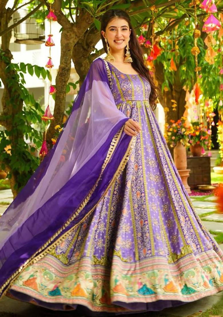 Lavender Printed Organza Gown With Dupatta - Indya