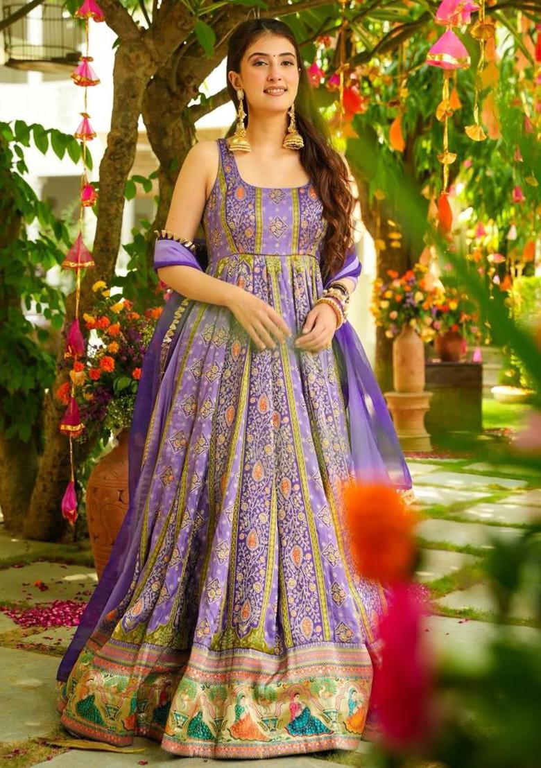 Lavender Printed Organza Gown With Dupatta - Indya
