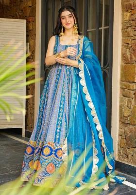 Firozi Printed Organza Gown With Dupatta