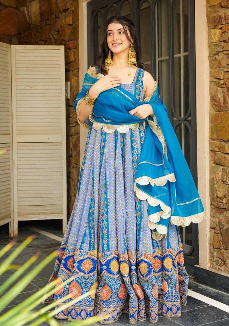 Firozi Printed Organza Gown With Dupatta - Indya