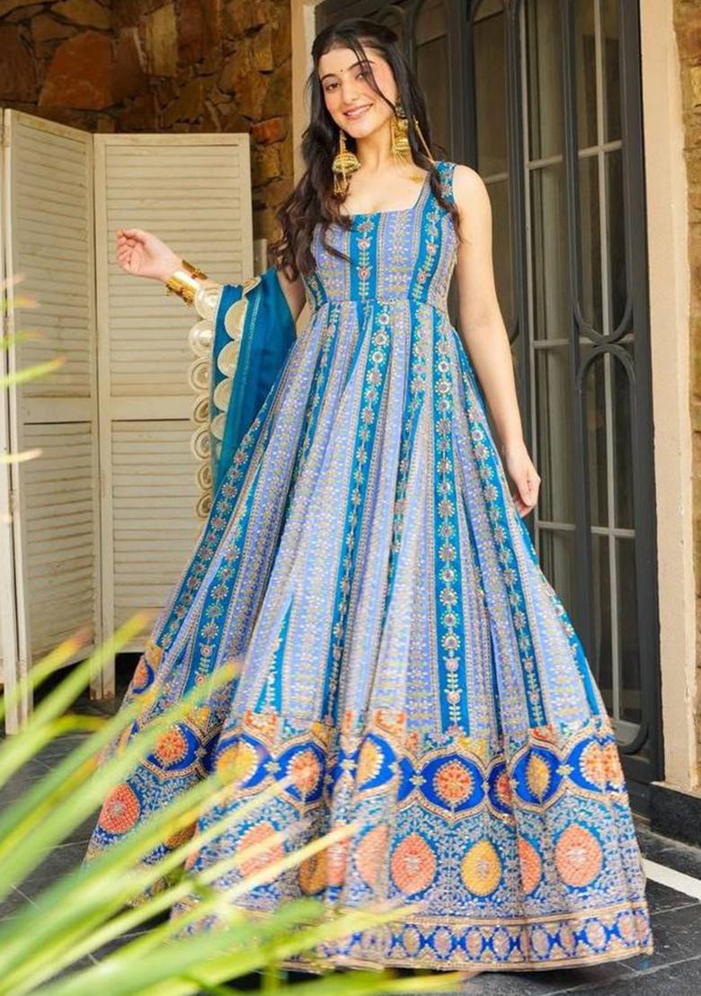 Firozi Printed Organza Gown With Dupatta - Indya
