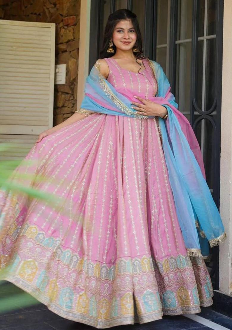 Pink Printed Organza Gown With Dupatta