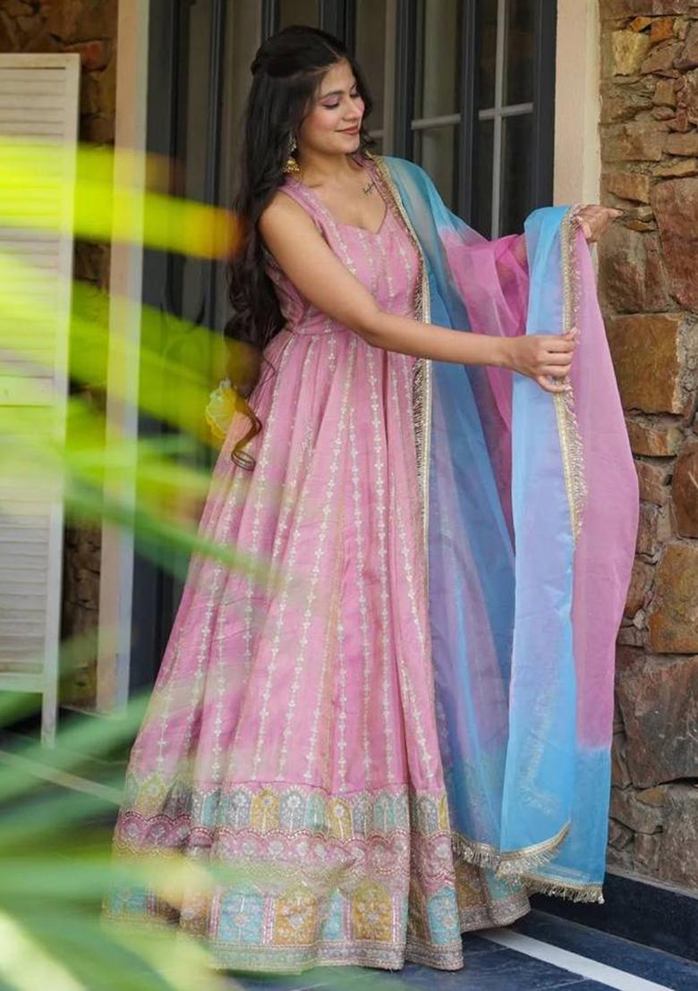 Pink Printed Organza Gown With Dupatta