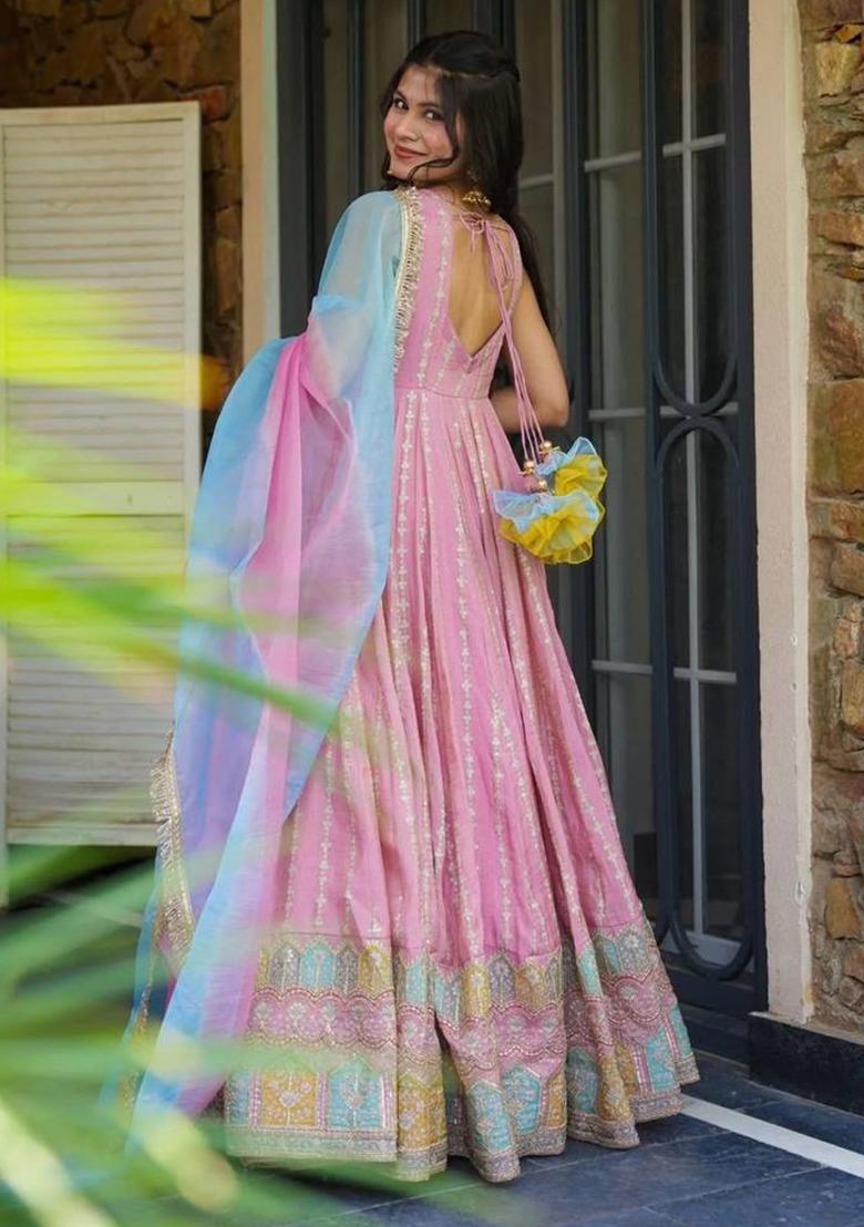 Pink Printed Organza Gown With Dupatta